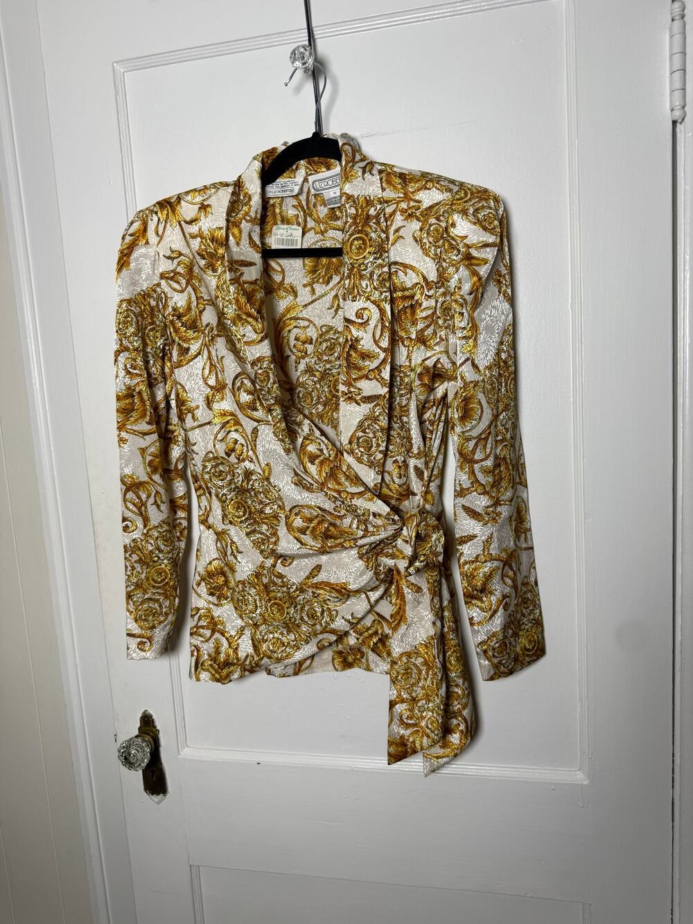 Vintage NWT Liz Roberts Wrap Top 10 Gold Baroque Print Shoulder Pads Deadstock